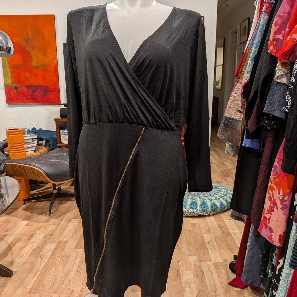 Ashley Stewart Black Long Sleeve Dress with Gold Zipper Accent - 18/20